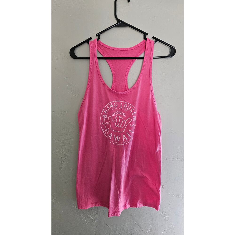Vibrant Neon Pink Hang Loose Shaka Graphic Racerback Tank Top Beach Aloha